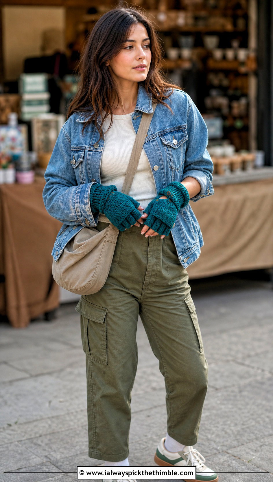 Convertible Crochet Mittens With Denim Jacket And Cargo Pants - 20 quick crochet mittens outfit ideas