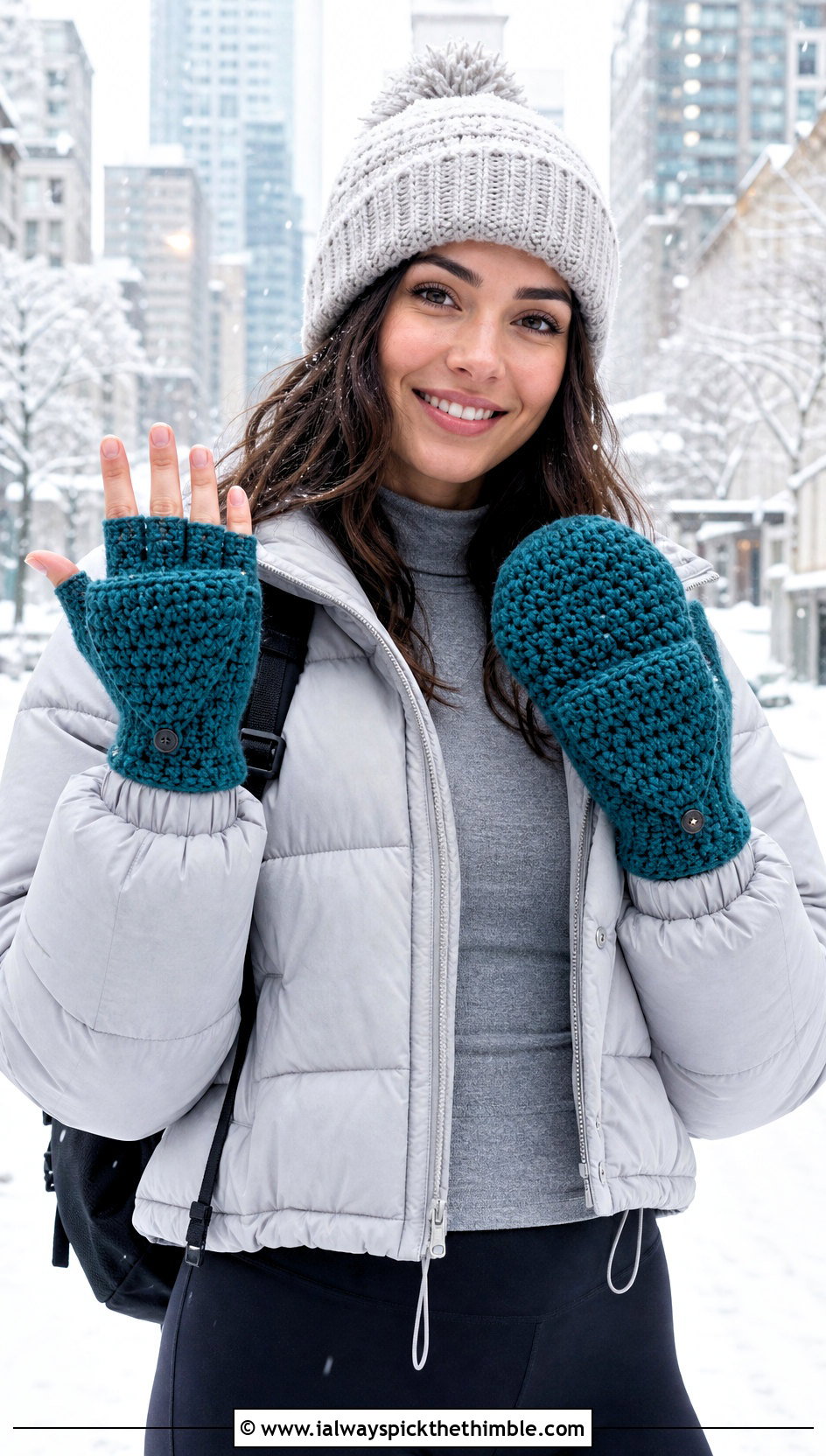 Convertible Crochet Mittens With Puffer Jacket - 20 crochet hand mittens outfit ideas