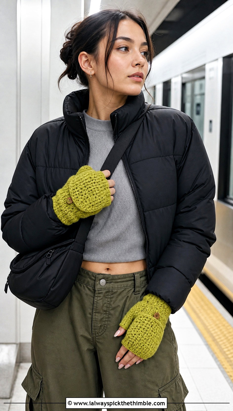 Convertible Crochet Mittens With Puffer Jacket - 25 easy crochet mittens outfit ideas