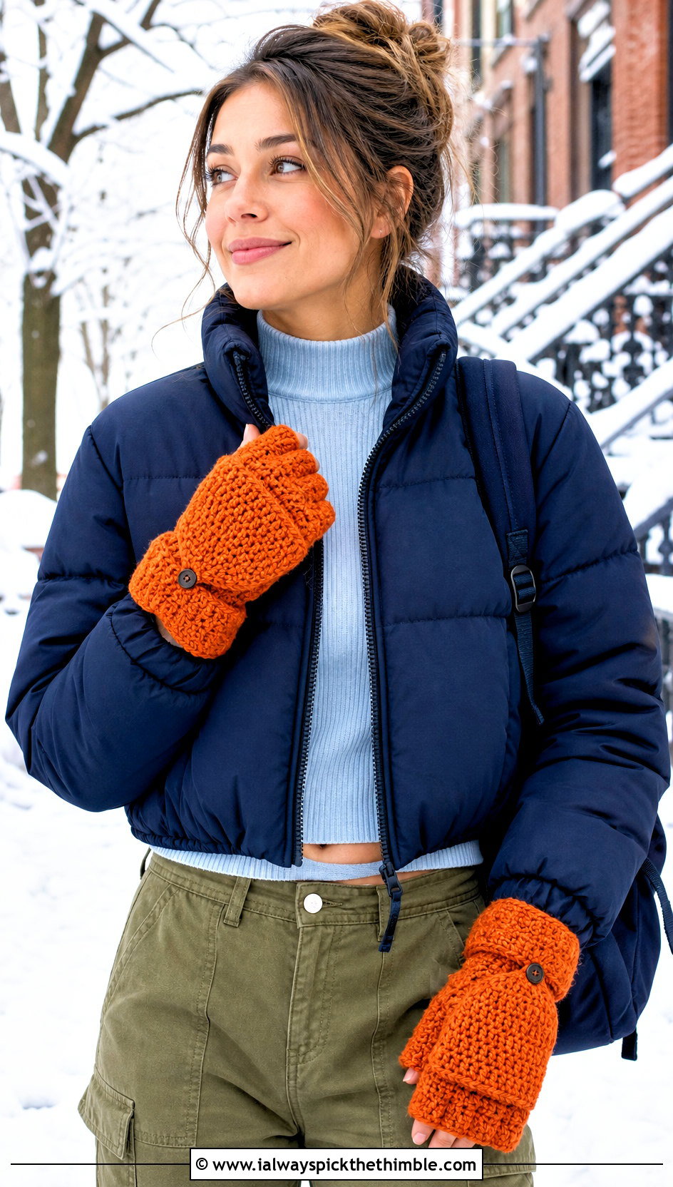 Convertible Crochet Mittens With Puffer Jacket - 20 aesthetic crochet gloves outfit ideas