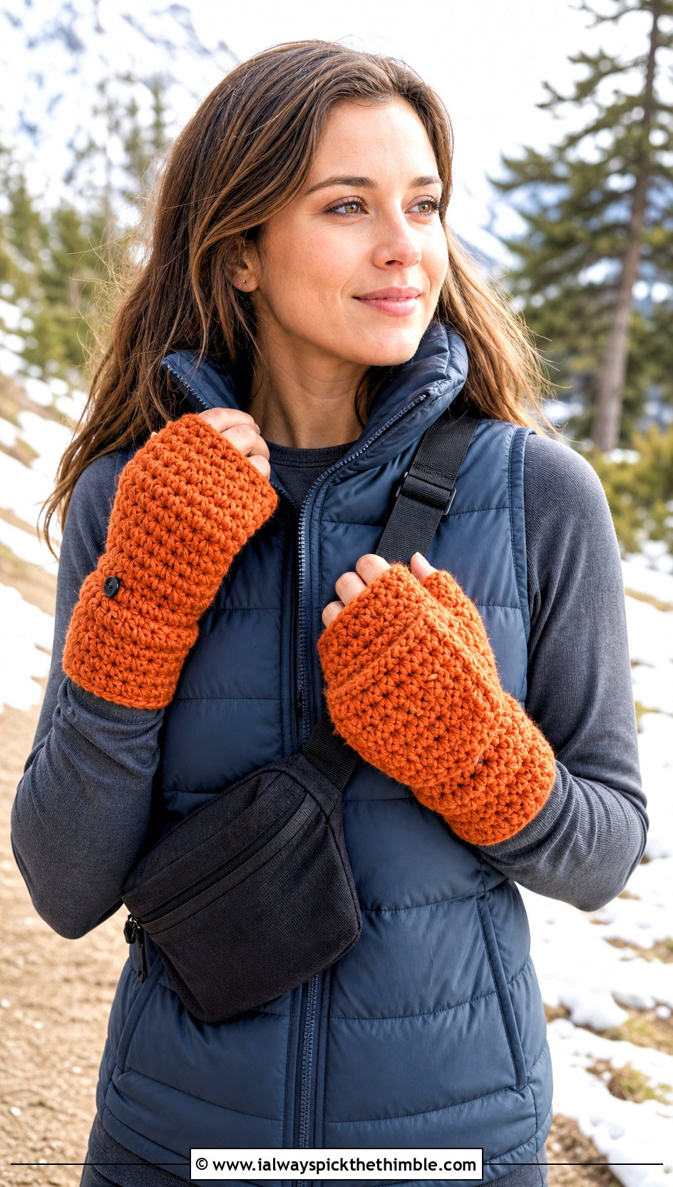 Convertible Crochet Mittens With Puffer Vest - 25 crochet gloves outfit ideas