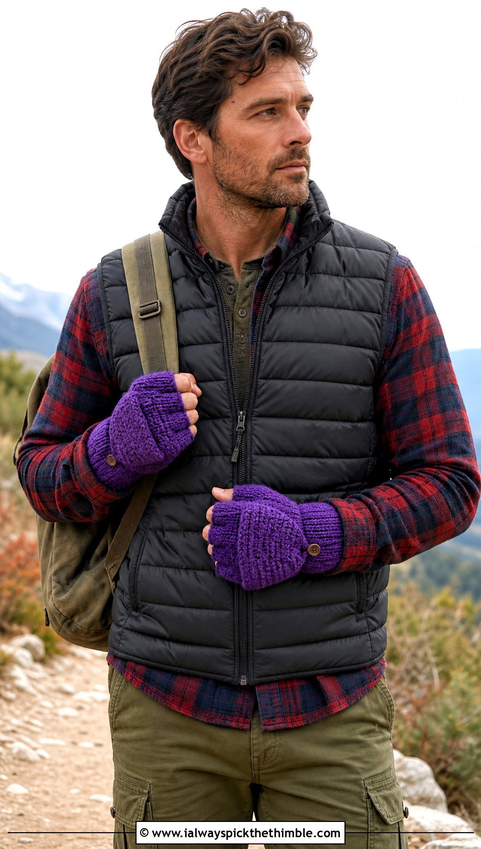 Convertible Crochet Mittens With Puffer Vest - 20 Crochet Mens Gloves outfit ideas