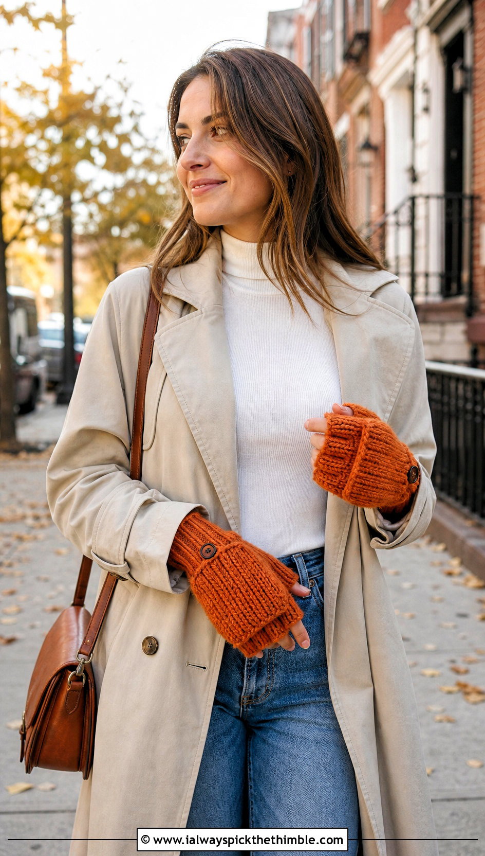 Convertible Crochet Ribbed Mittens With Trench Coat And Sneakers - 15 Crochet Ribbed Mittens outfit ideas
