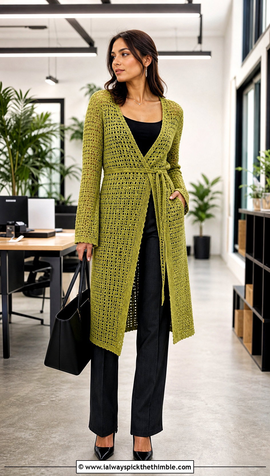 Convertible Crochet Wrap Dress With Tailored Trousers - 25 crochet wrap dress outfit ideas