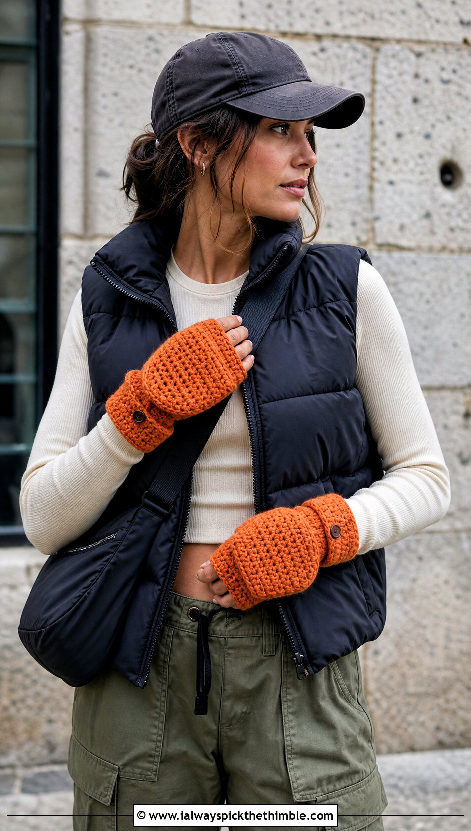 Convertible Crocheted Fingerless Gloves With Puffer Vest And Cargo Pants - 20 crocheted fingerless gloves outfit ideas