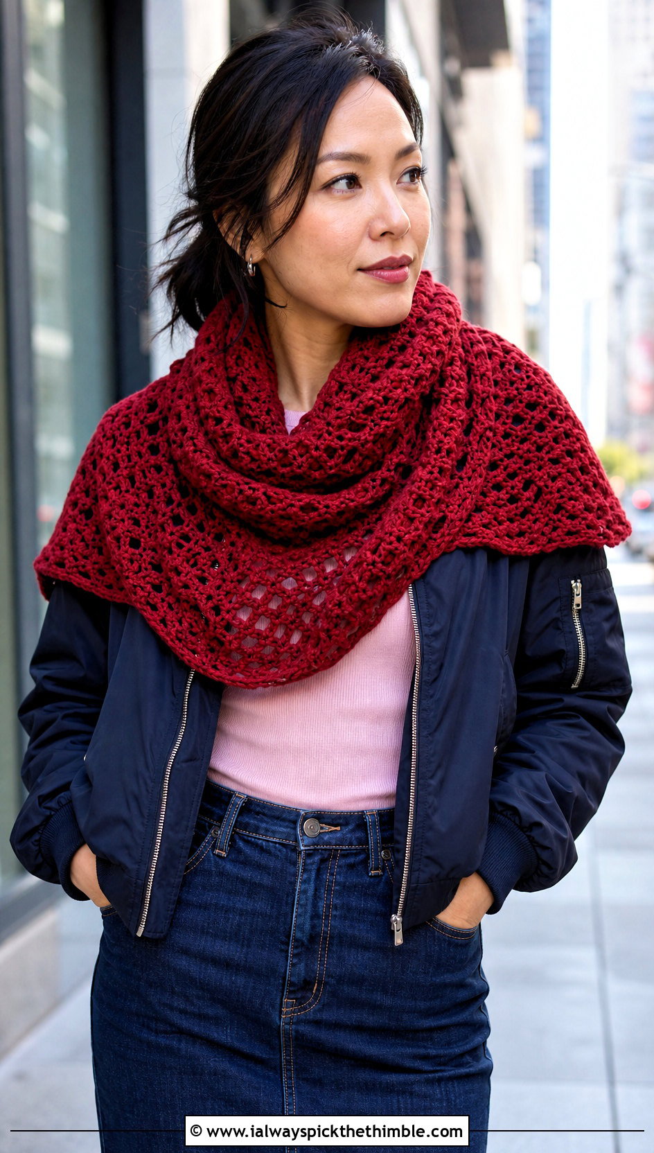 Convertible Crocheted Infinity Scarf With Denim Midi Skirt - 15 Easy Crocheted Infinity Scarf outfit ideas