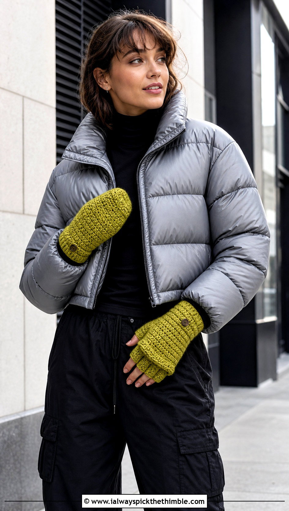 Convertible Crocheted Mittens With Puffer Jacket - 20 Easy Crocheted Mittens outfit ideas