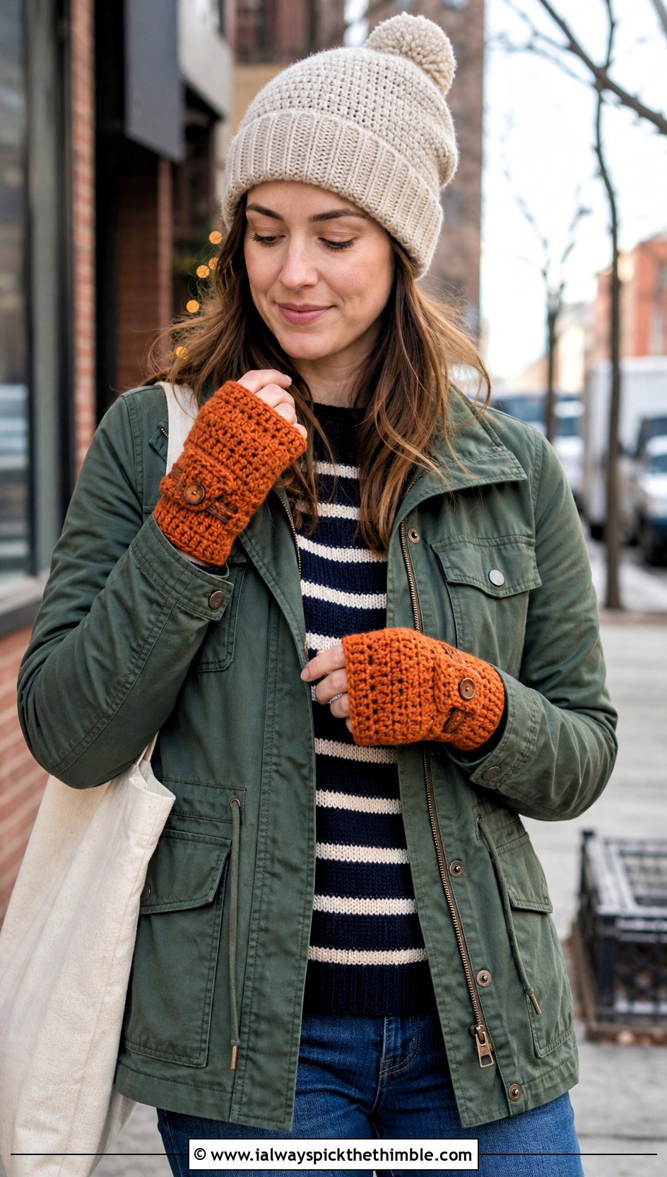 Convertible Flip Top Crochet Mittens With A Utility Jacket - 15 vintage crochet mitten outfit ideas