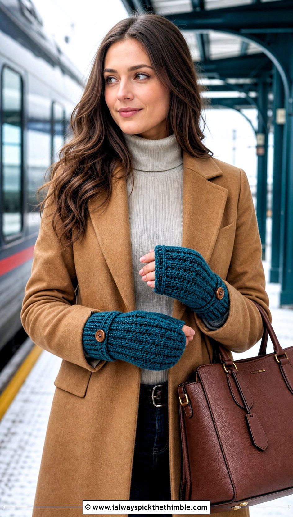 Convertible Flip Top Crochet Mittens With Wool Coat - 20 Simple Crochet Mittens outfit ideas