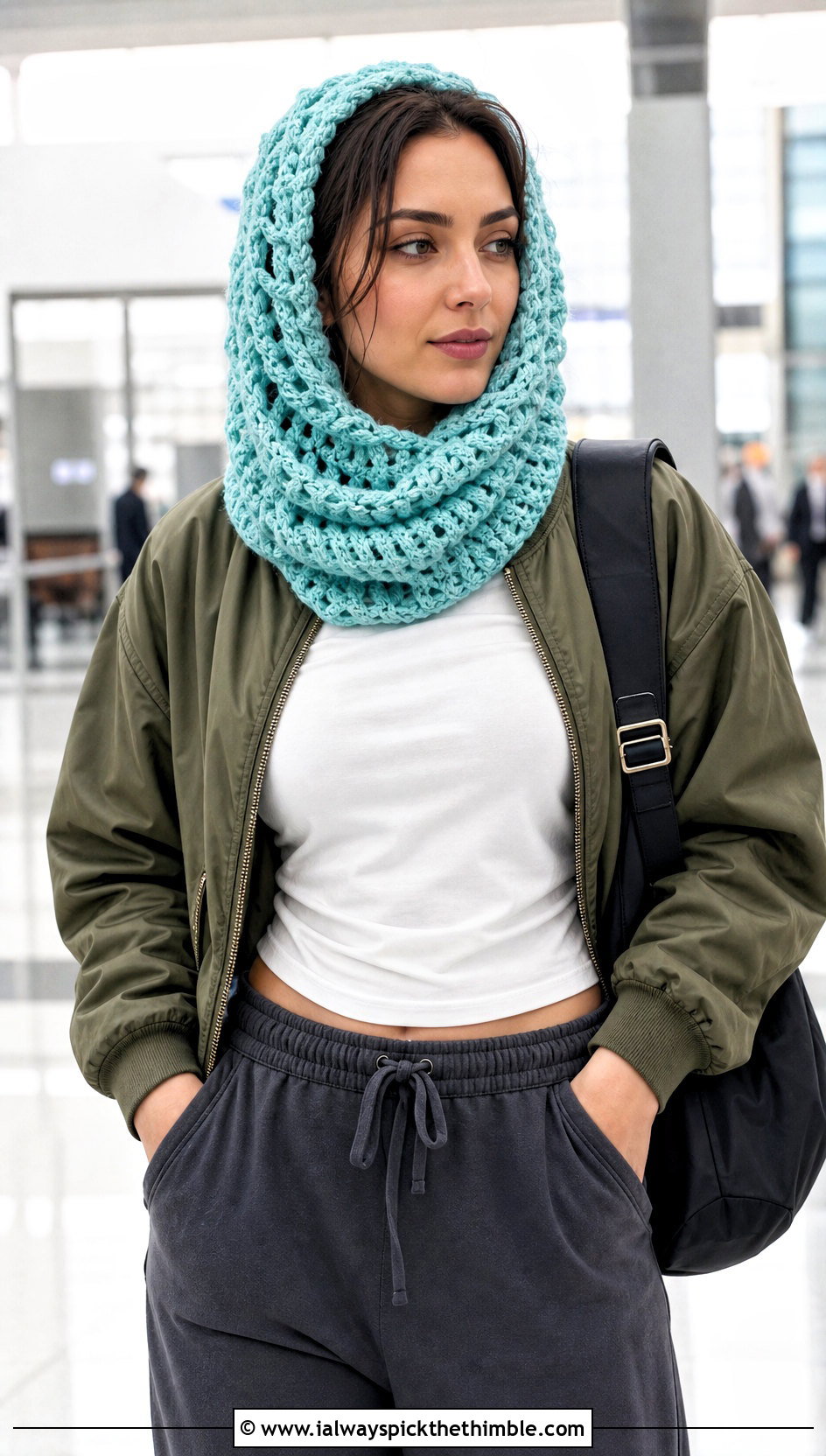 Convertible Head Wrap Crochet Snood Scarf With Bomber Jacket - 20 snood crochet scarf outfit ideas