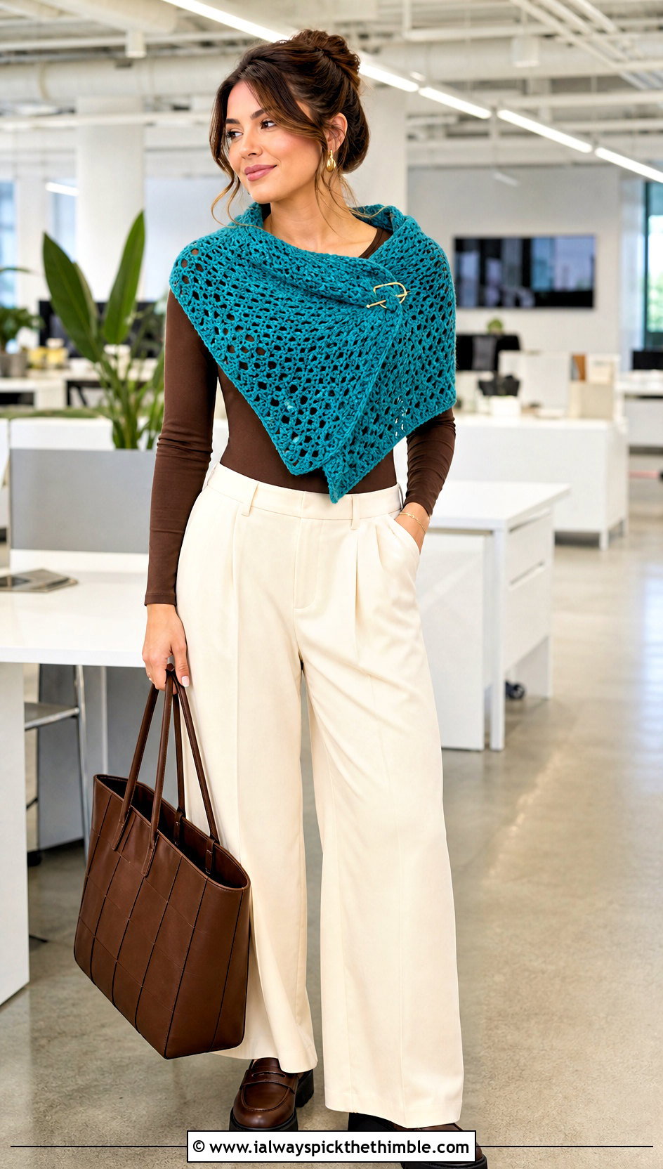 Convertible Heart Crochet Wrap With Wide Leg Pants - 20 Heart Crochet Shawl outfit ideas