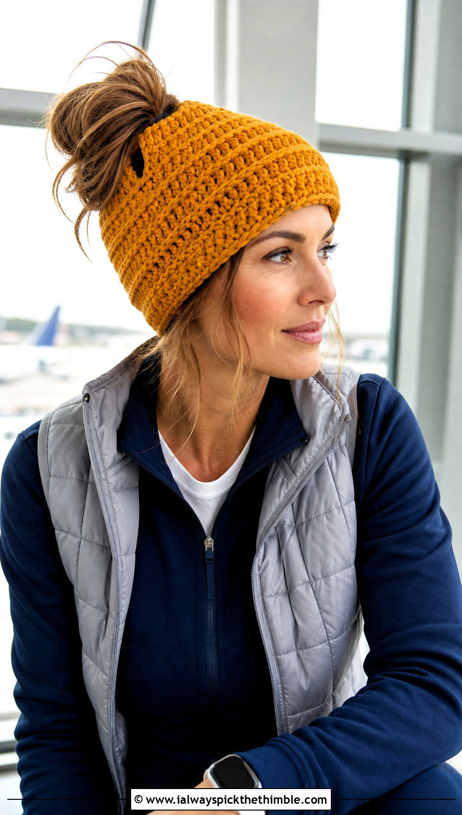 Convertible Messy Bun Crochet Hat With Tracksuit - 25 crochet messy bun hat outfit ideas