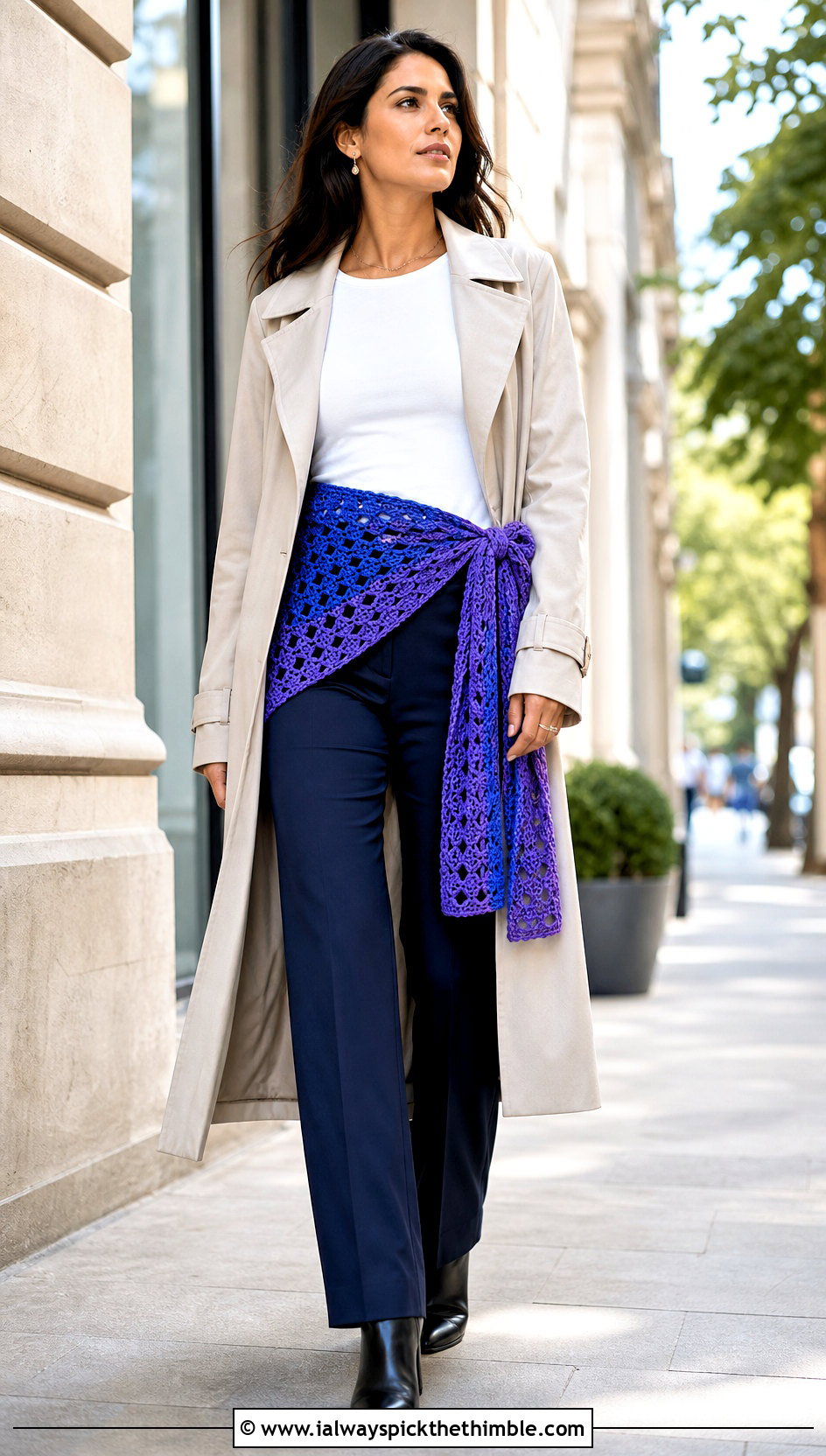 Convertible Sash Crochet Hip Scarf With Trench Coat - 20 Crochet Hip Scarf outfit ideas