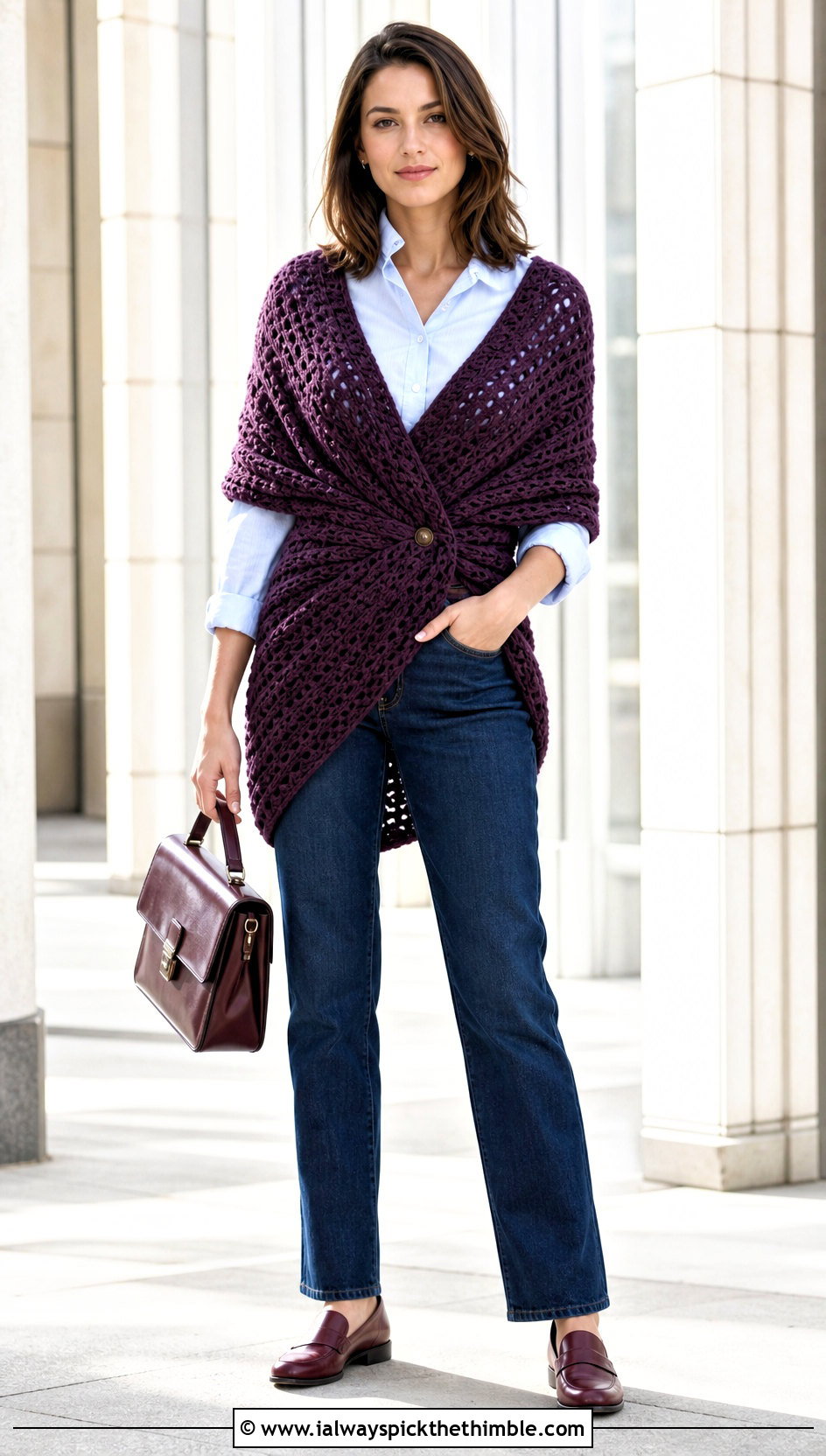 Convertible Scarf Crochet Wrap Around Shrug With Button Down Shirt - 20 Crochet Wrap Around Shrug outfit ideas