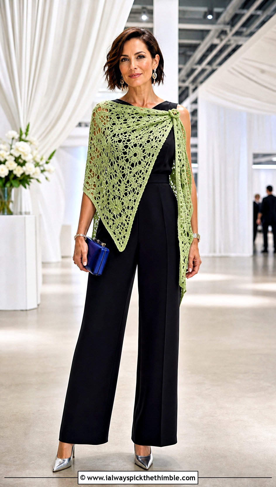 Convertible Shawl Crochet Poncho With Wide Leg Jumpsuit - 15 Easy Crochet Ponchos outfit ideas