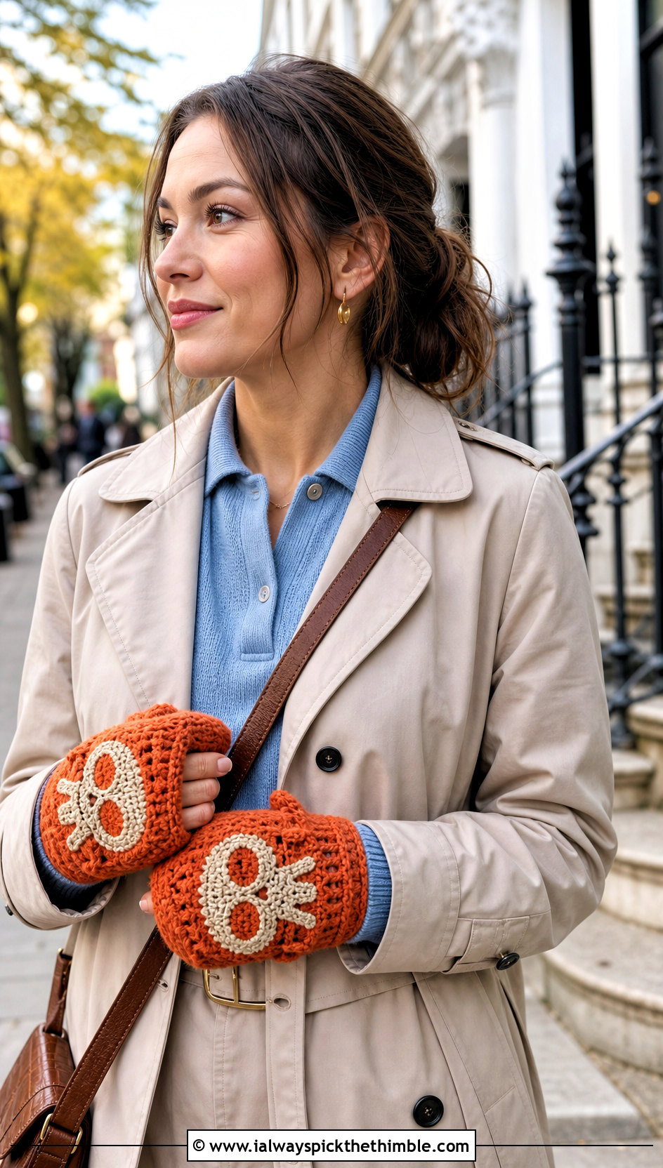Convertible Skull Mittens With Trench Coat And Tailored Shorts - 15 Crochet Skull Gloves outfit ideas