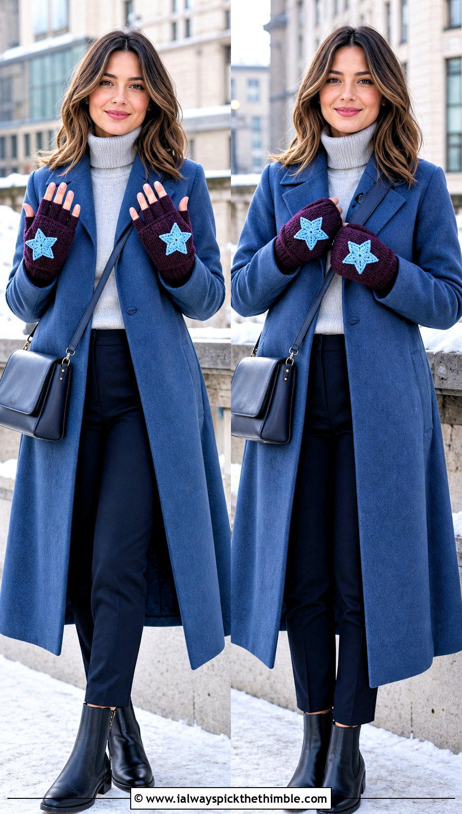 Convertible Star Mittens With Wool Coat - 25 crochet star gloves outfit ideas