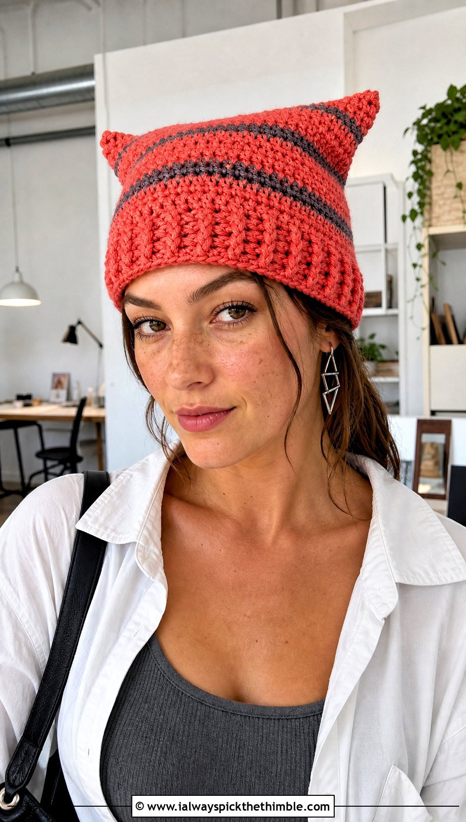 Coral Clancy Crochet Beanie With White Button Down Shirt - 20 clancy beanie crochet outfit ideas