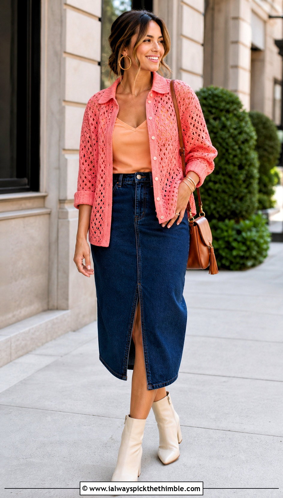 Coral Pink Crochet Button Front Shirt With Denim Midi Skirt - 25 pink crochet outfit ideas