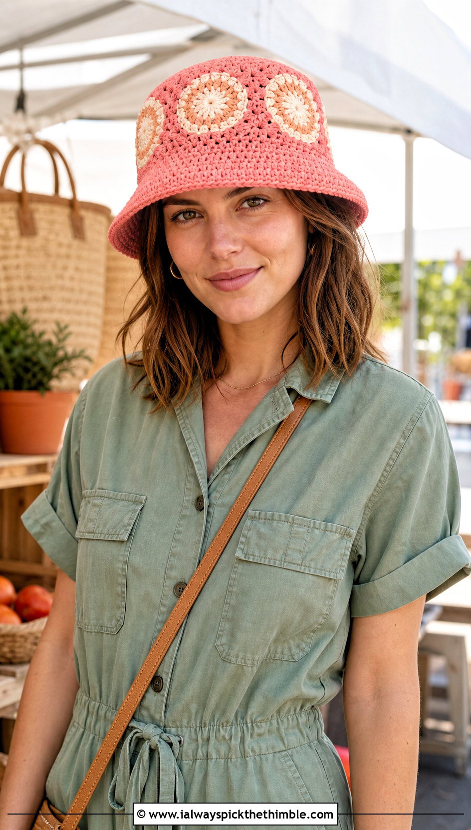 Coral Pink Sunburst Crochet Bucket Hat With Utility Jumpsuit - 15 pink crochet bucket hat outfit ideas