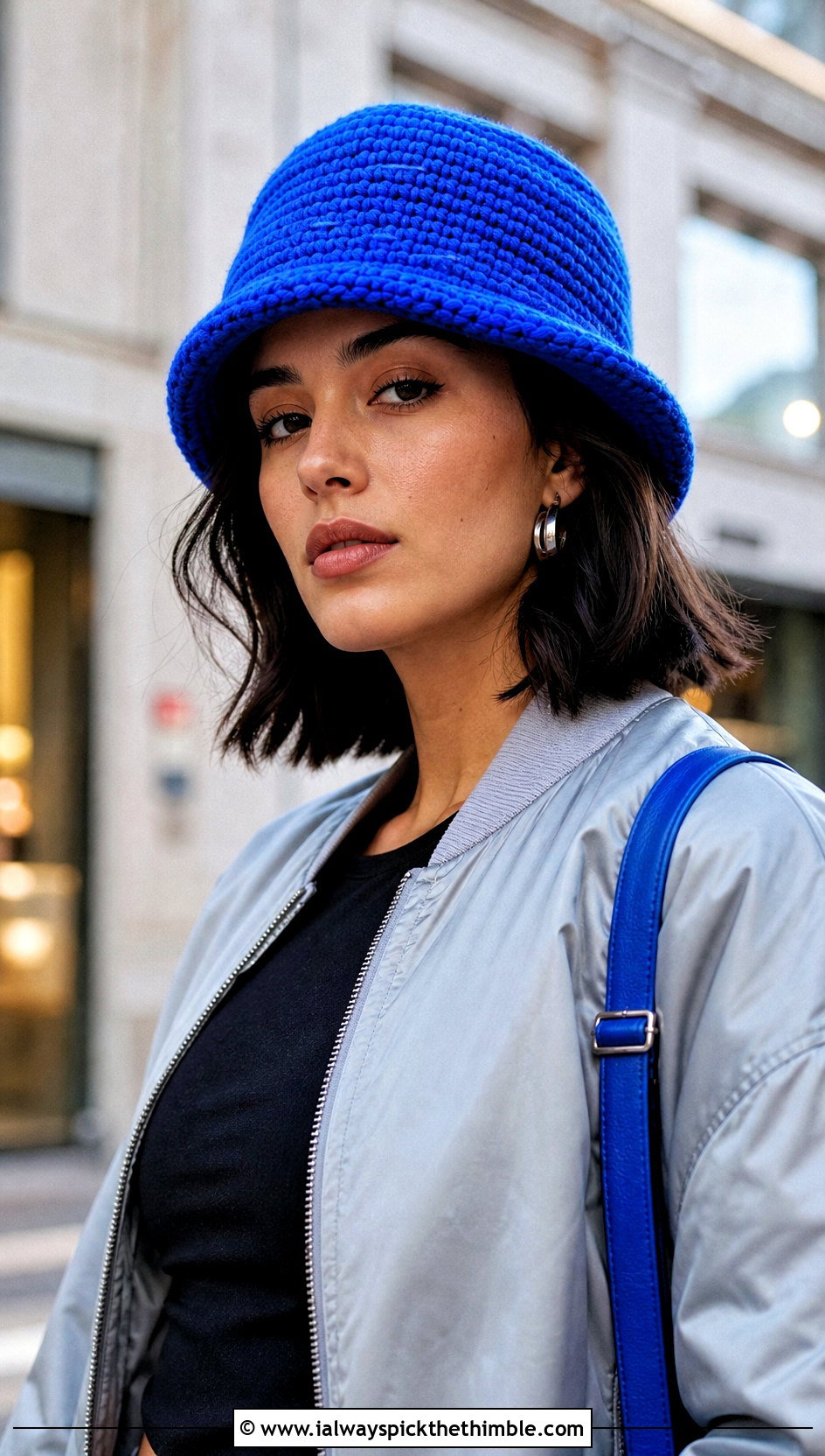 Corded Crochet Bucket Hat With Bomber Jacket - 25 crochet bucket hats outfit ideas