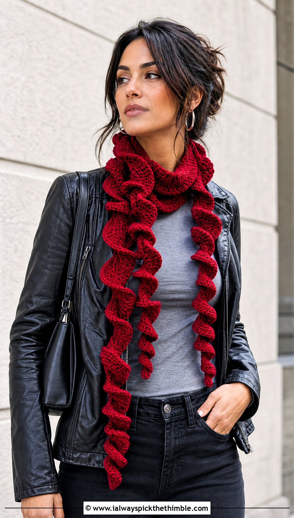 Corkscrew Crochet Ruffle Scarf With Leather Jacket And Black Jeans - 20 crochet ruffle scarf outfit ideas