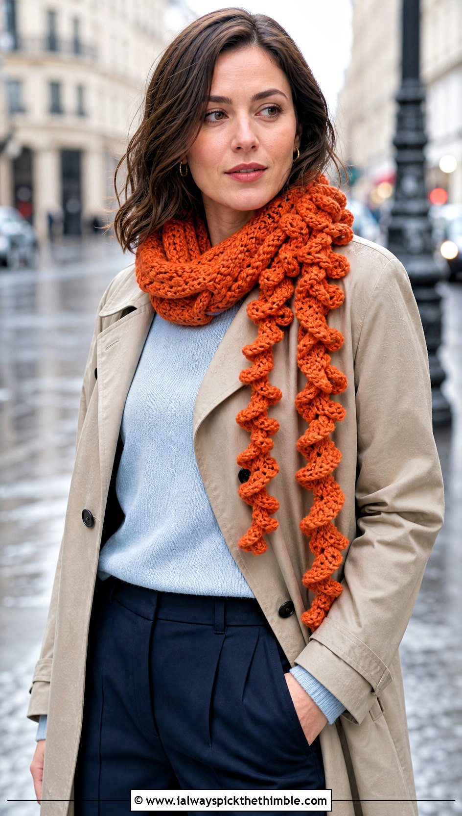 Corkscrew Fringe Crochet Scarf With Trench Coat - 20 Crochet Scarf Fringe Ideas