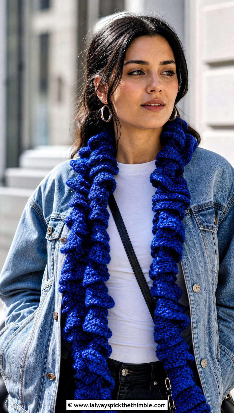 Corkscrew Spiral Crochet Scarf With Denim Jacket - 15 easy spiral crochet scarf outfit ideas