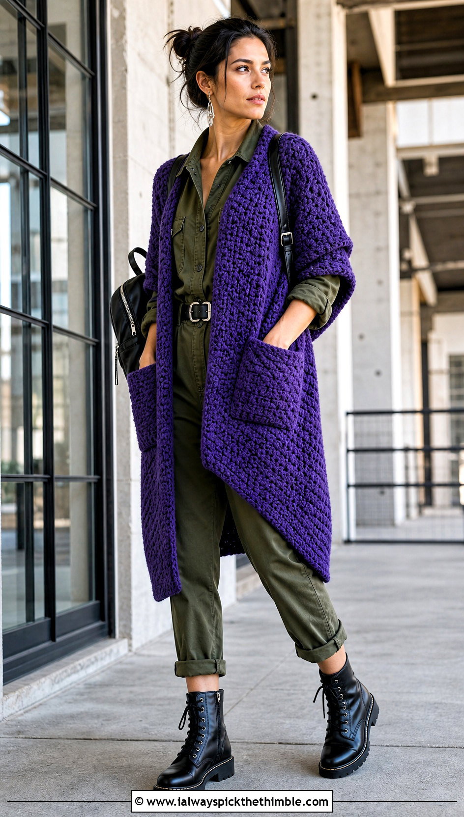 Corner To Corner Crochet Pocket Wrap With Utility Jumpsuit - 15 Crochet Shawls And Wraps With Pockets outfit ideas