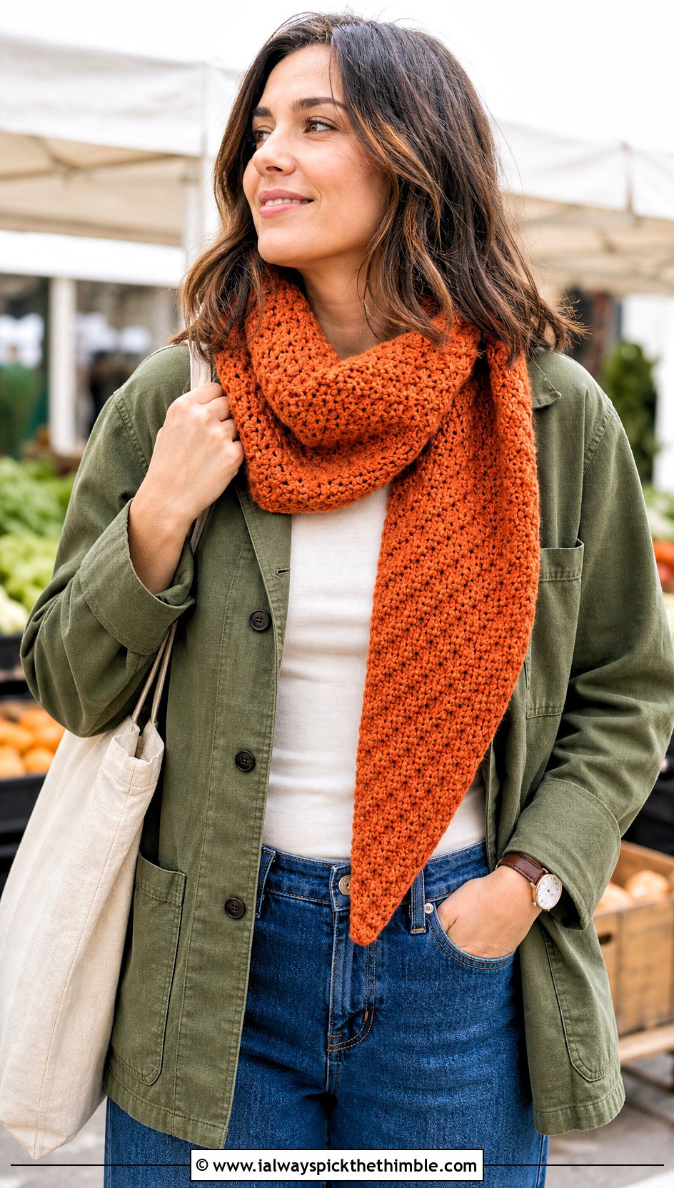 Corner To Corner Moss Stitch Crochet Scarf With Chore Jacket And Barrel Jeans - 20 Moss Stitch Crochet Scarf outfit ideas