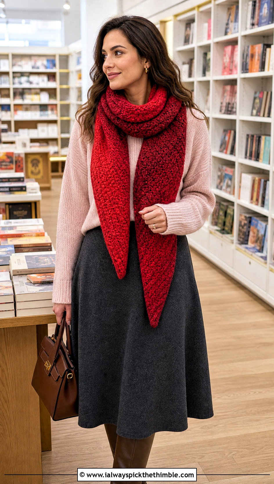 Corner To Corner Moss Stitch Scarf With A Sweater And Skirt - 25 crochet moss stitch scarf outfit ideas