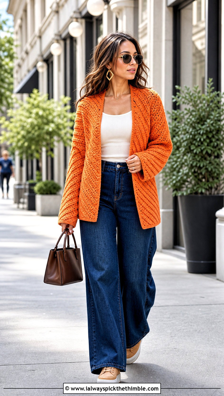 Corner To Corner Rectangle Cardigan With Wide Leg Jeans - 15 Crochet Rectangle Cardigan outfit ideas