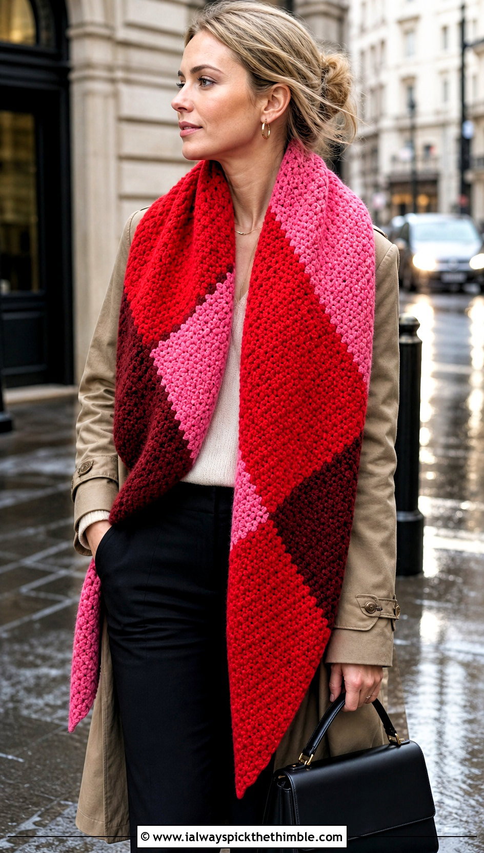 Corner To Corner Temperature Scarf With Trench Coat - 20 crochet temperature scarf outfit ideas