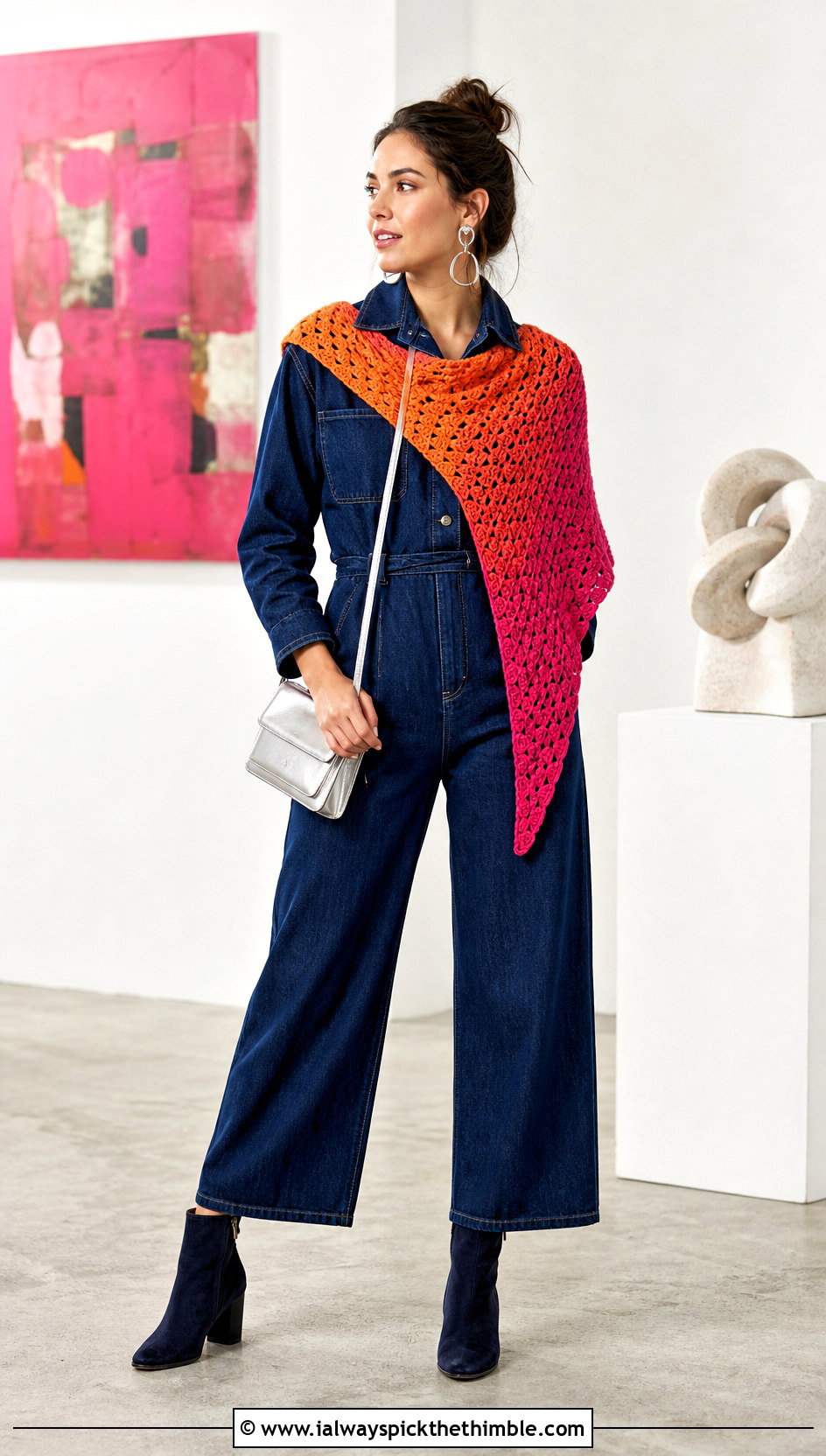 Corner To Corner Triangular Crochet Shawl With Denim Jumpsuit - 20 triangular crochet shawl outfit ideas