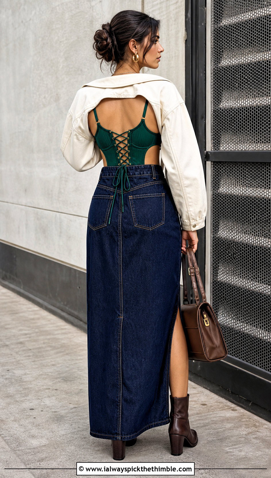 Corset Back Shell Bra With Denim Maxi Skirt - 20 crochet shell bra outfit ideas