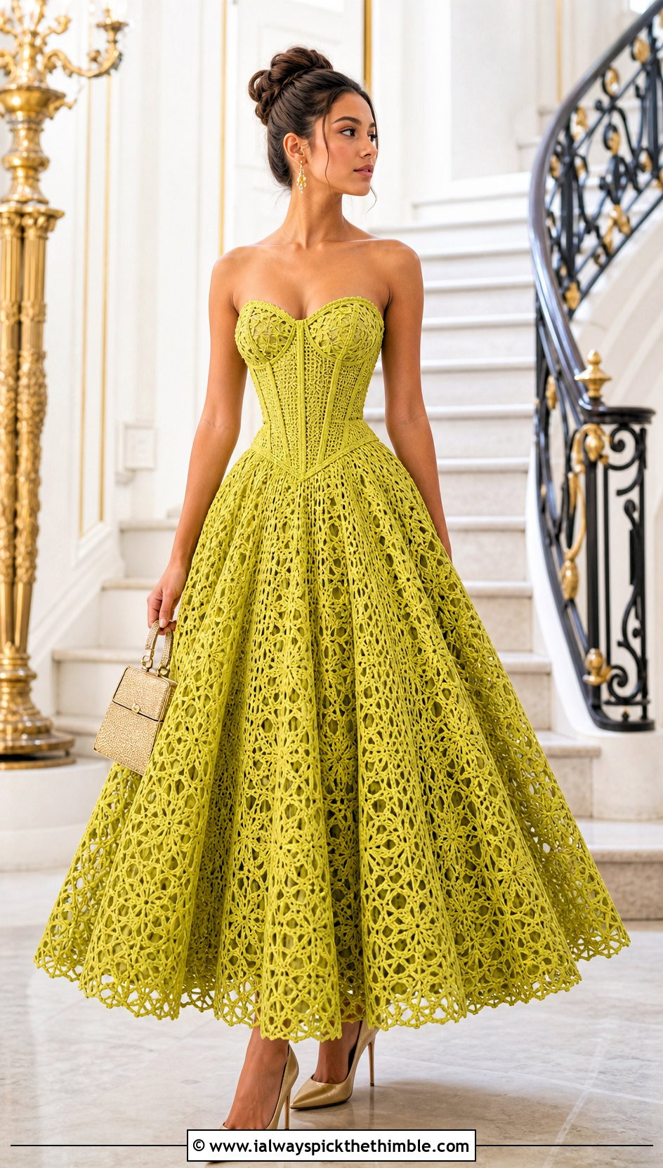 Corset Bodice Crochet Ball Gown With Pointed Pumps - 20 Prom Crochet Dress outfit ideas