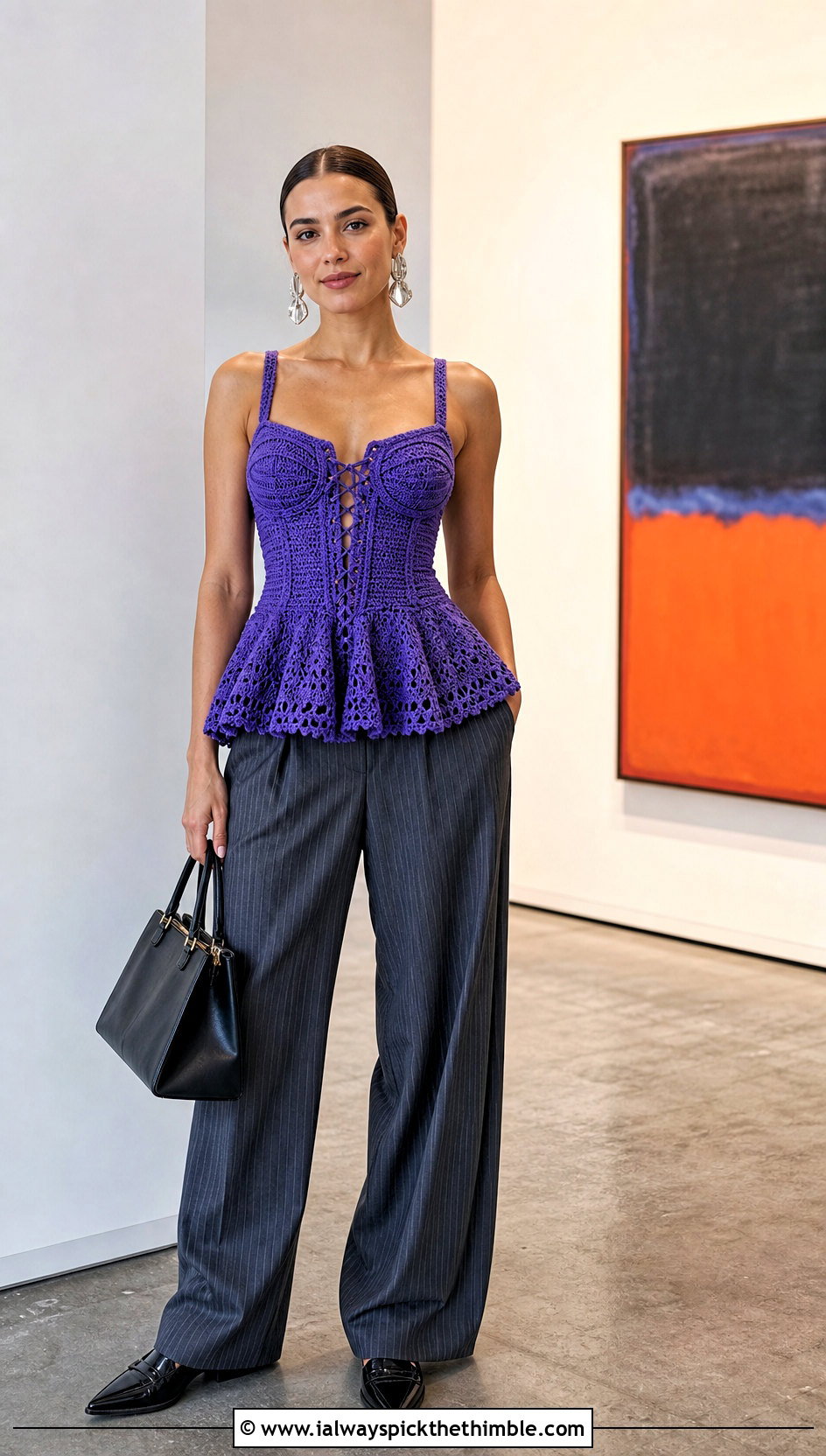 Corset Crochet Babydoll Top With Pinstripe Pants - 25 crochet babydoll top outfit ideas