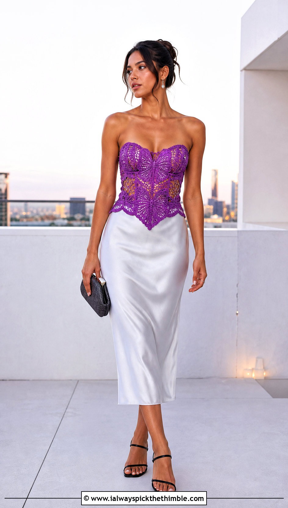 Corset Crochet Butterfly Lace Top With Satin Midi Skirt - 20 crochet butterfly lace top outfit ideas