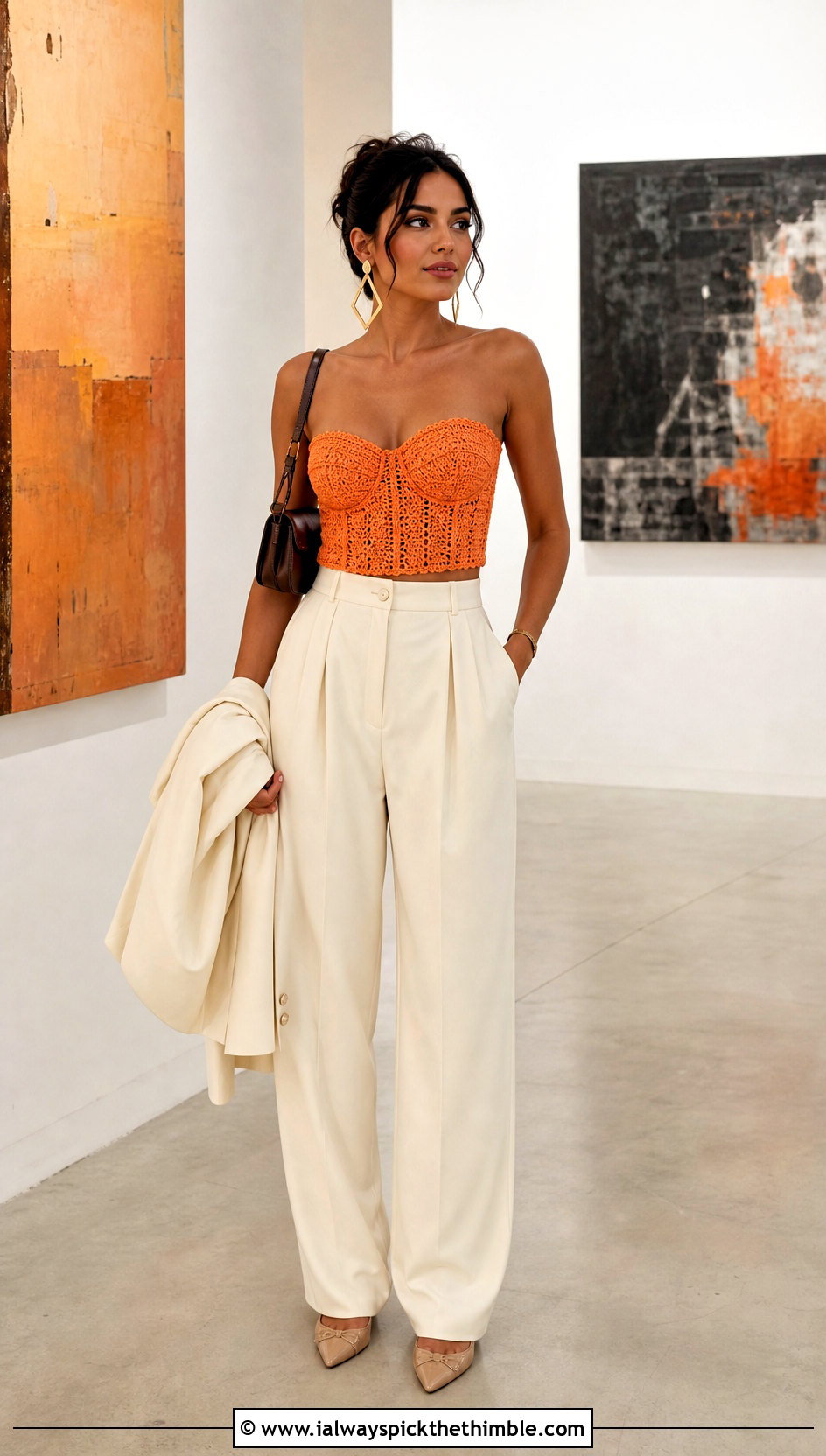 Corset Crochet Crop Top With Pleated Trousers - 25 Summer Crochet Crop Top Outfit ideas