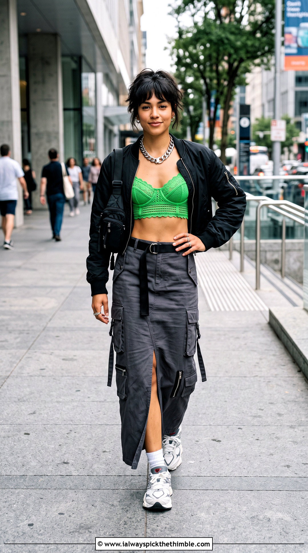 Corset Crochet Lace Bralette With Curb Chain And Cargo Maxi Skirt - 15 crochet lace bralette with necklace outfit ideas