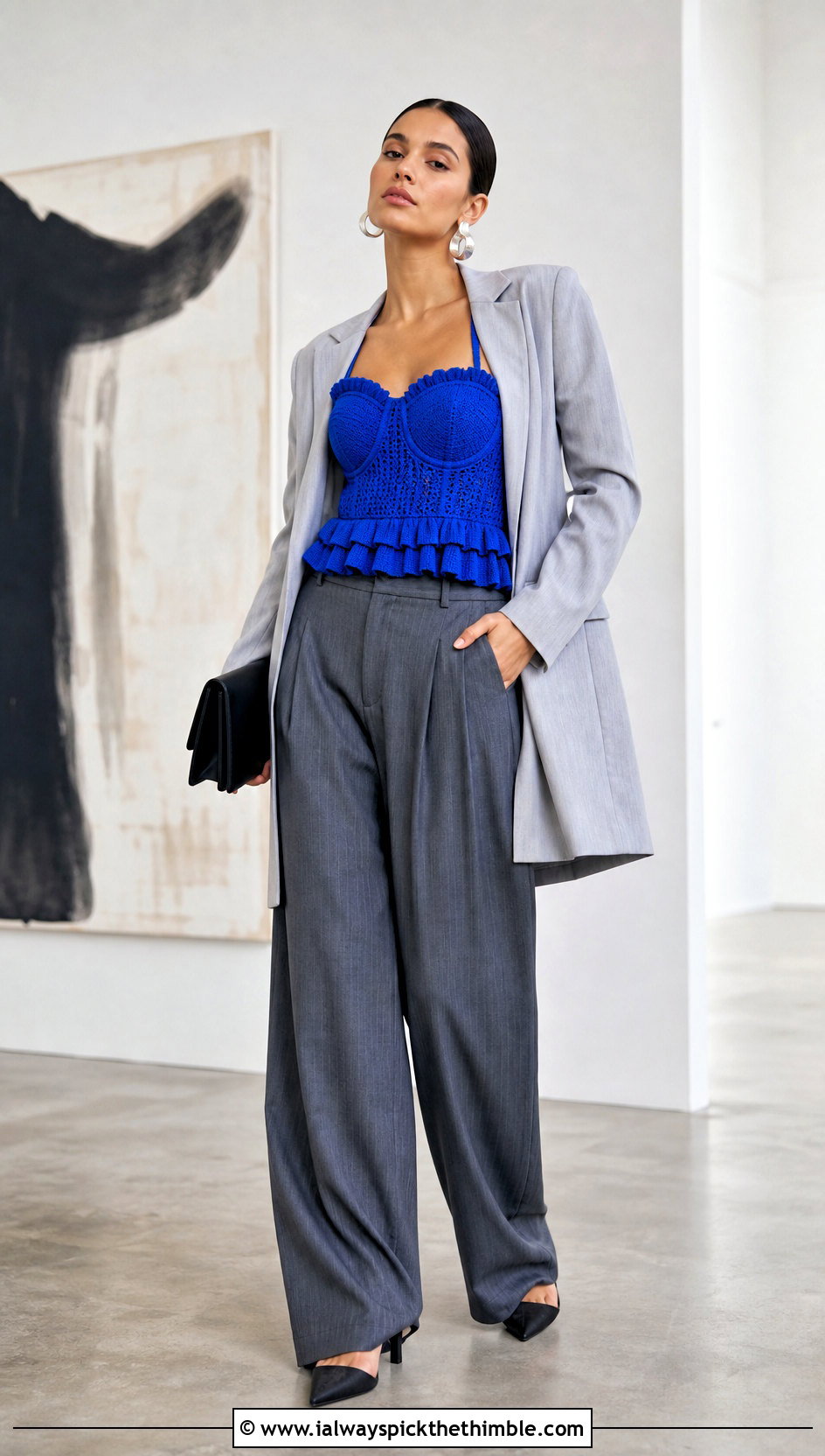 Corset Crochet Ruffle Top With Relaxed Suit Pants - 25 crochet ruffle top outfit ideas