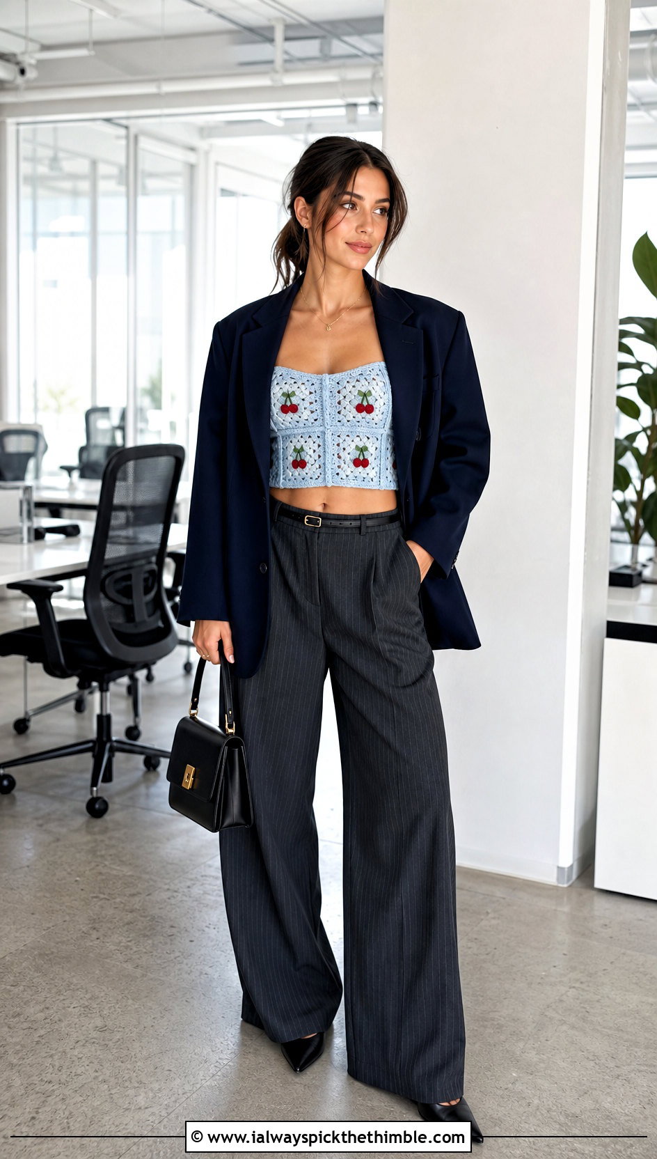 Corset Granny Square Crop Top With Pinstripe Trousers - 20 granny square crochet crop top outfit ideas