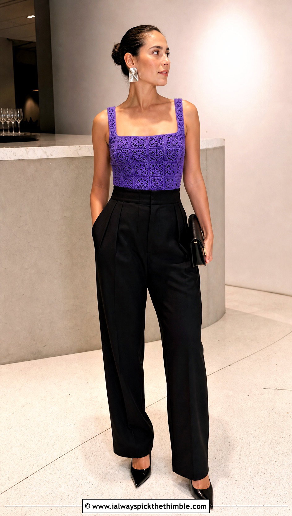 Corset Inspired Crochet Square Neck Top With Tuxedo Trousers - 25 crochet square neck top outfit ideas