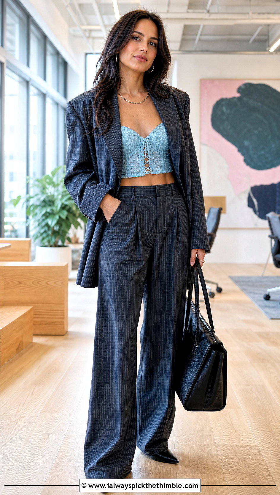 Corset Lace Crochet Bra With Pinstripe Suit - 25 crochet bra outfit ideas