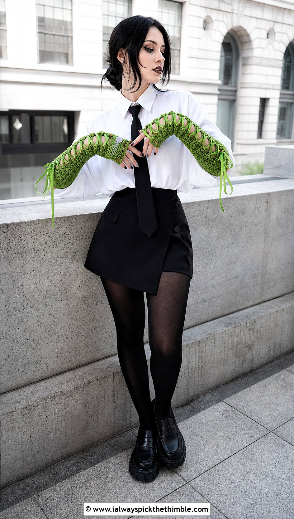 Corset Lace Up Crochet Hand Warmers With Oversized Shirt - 20 Crochet Lace Hand Warmers outfit ideas