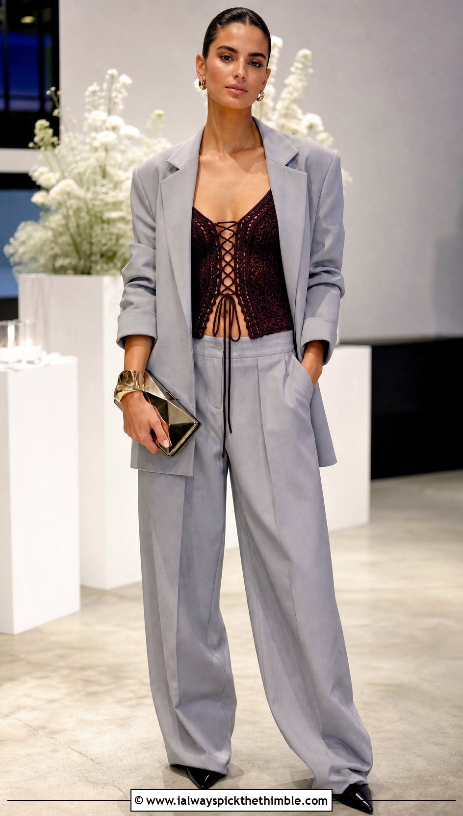 Corset Lace Up Crochet Top With Oversized Suit - 15 tie up crochet top outfit ideas