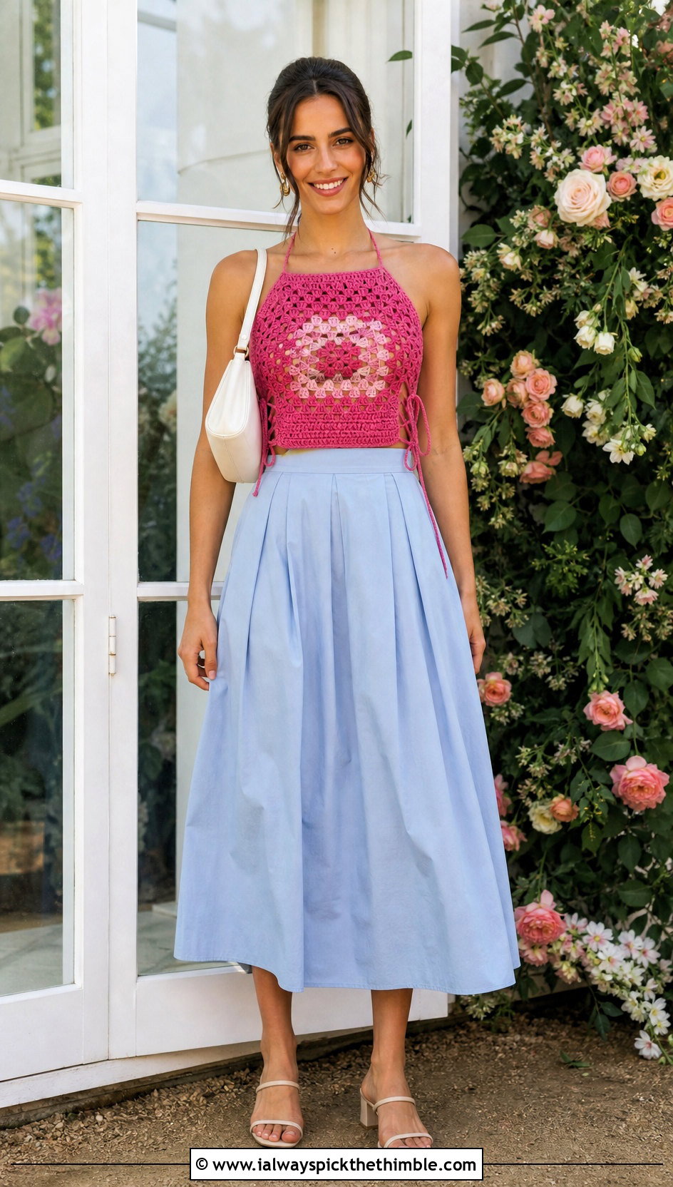 Corset Laced Single Granny Square Top With Midi Skirt - 20 single granny square top outfit ideas