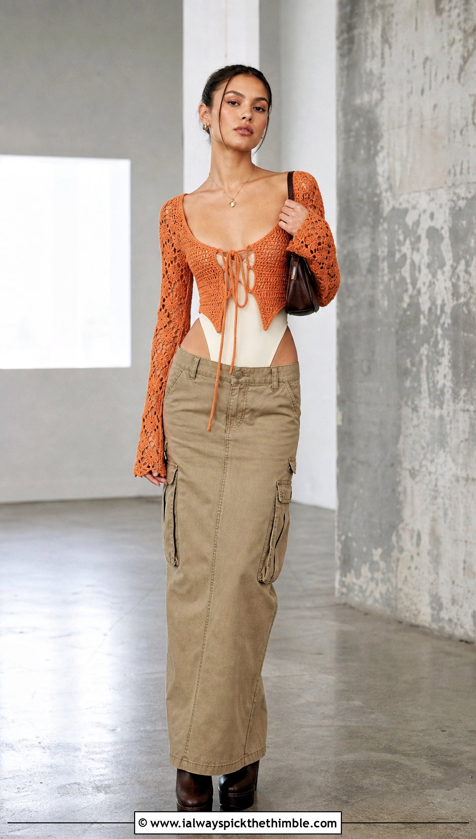 Corset Long Sleeve Tie Front Crochet Top With Cargo Maxi Skirt - 20 long sleeve tie front crochet top outfit ideas