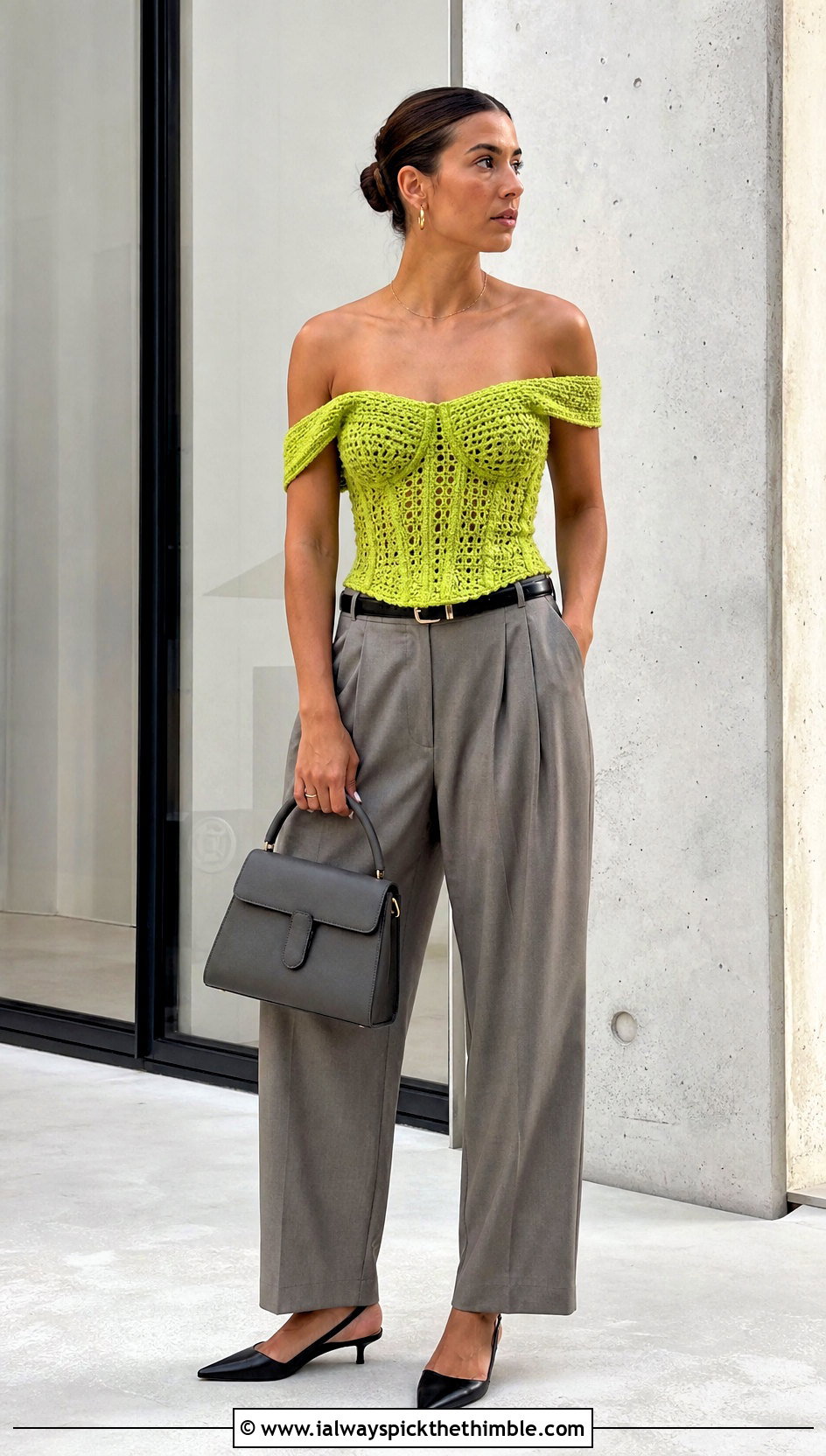 Corset Off Shoulder Crochet Top With Tailored Trousers - 20 Off Shoulder Crochet Top outfit ideas