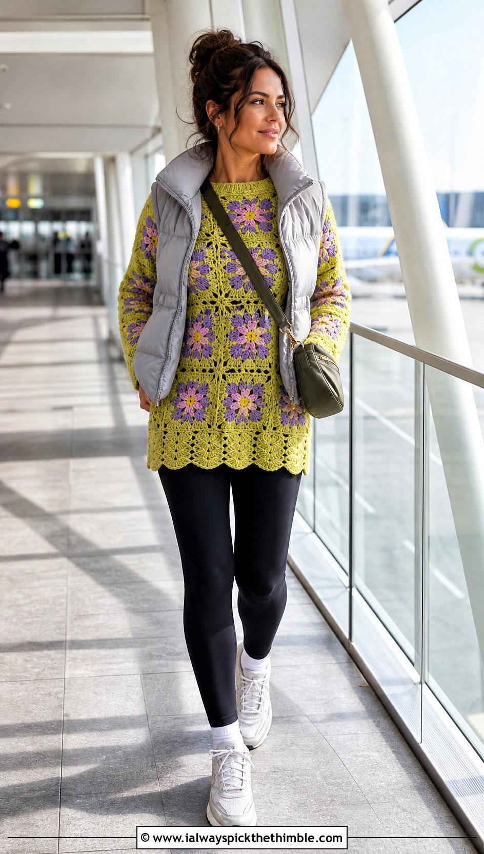 Cosmos Flower Granny Square Sweater With Leggings And Puffer Vest - 20 flower granny square sweater outfit ideas
